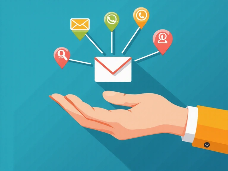 Ilustracja przedstawiająca rękę trzymającą symbol komunikacji, z ikonami e-mail, telefonu i lokalizacji